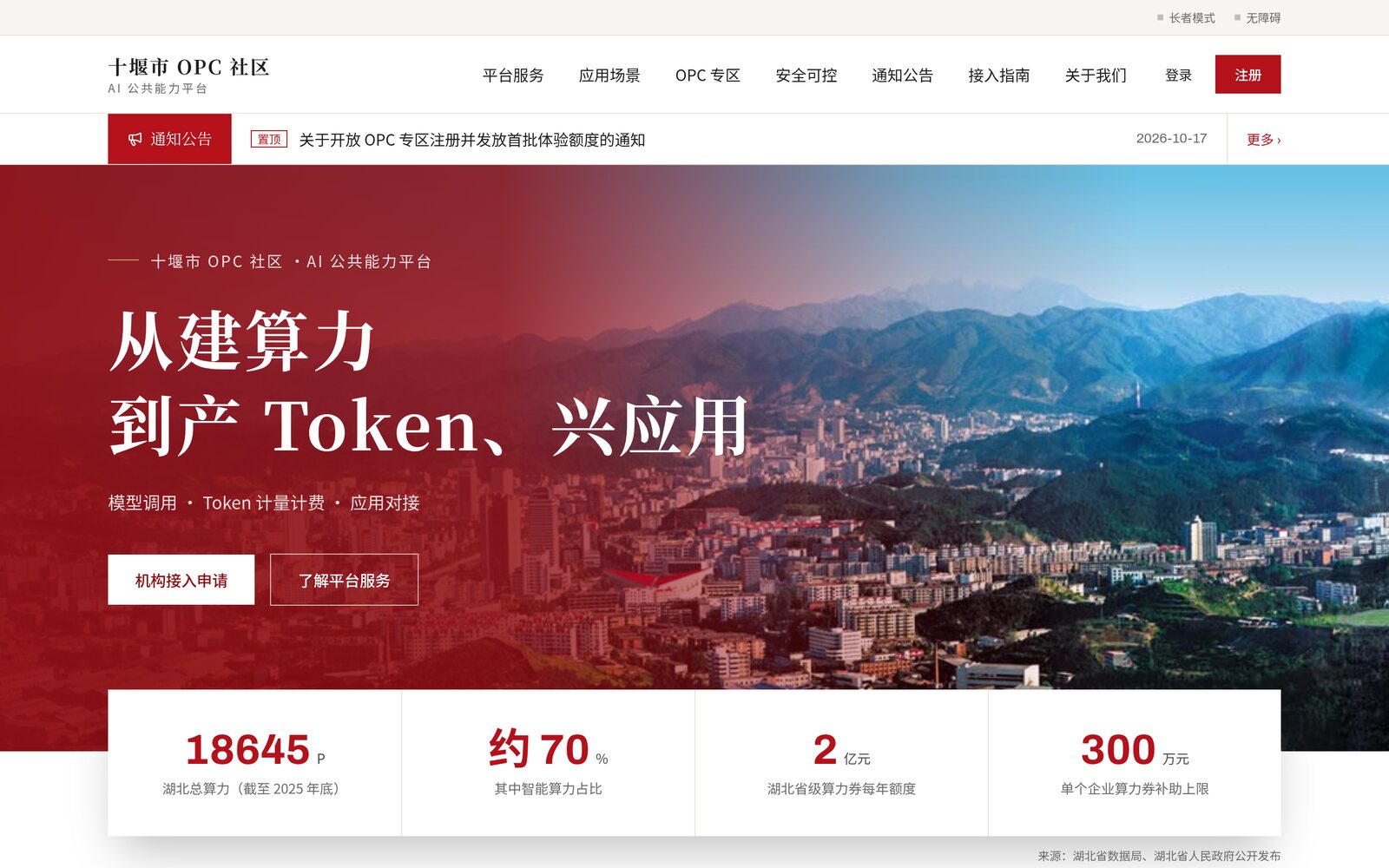 以十堰市 OPC 社区品牌运营的平台网站首页:红色页头、城区全景首屏与算力数据